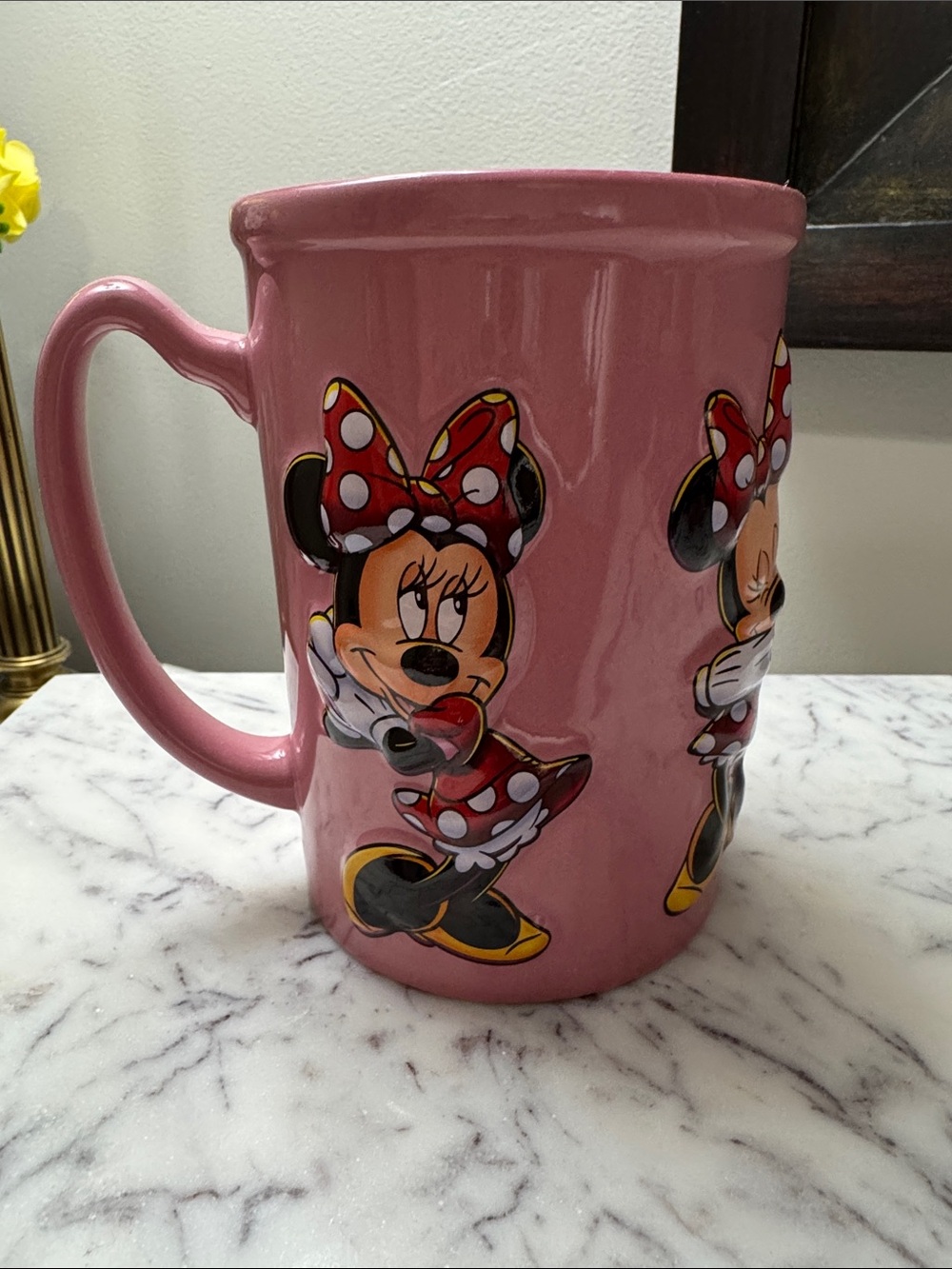 Disney Pink Minnie Mouse Ceramic Mug with Red and Yellow Accents